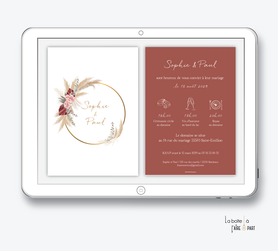 faire-part mariage numérique-faire part mariage digital-faire part numérique-faire-part mariage-faire-part à envoyer par mms-par mail-réseaux sociaux-whatsapp-facebook-messenger-couleur terracotta-champêtre-pampa-pivoines-eucalyptus-pictogrammes-timeline