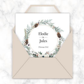 Faire-part mariage gif animé-faire-part mariage virtuel- faire part mariage digital-numérique animé-électronique-vidéo-à envoyer via les réseaux sociaux-whatsapp-facebook-messenger-mms-pigne de pin-tige de pin-fleurs-noël-couronne-hiver-