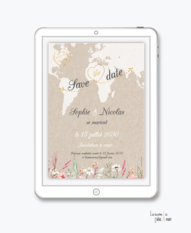 Save the date mariage numérique, fleurs sauvages, kraft, mappemonde, champêtre