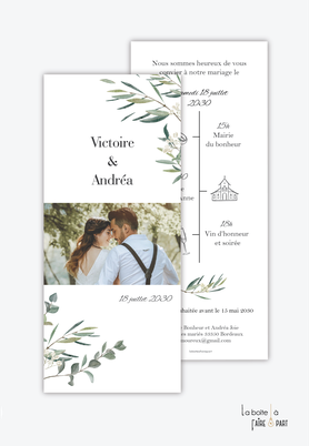 Faire-part mariage-format marque page-pictogrammes-olivier-branches olivier-champêtre-avec photo