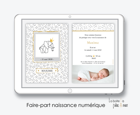 faire-part naissance garçon numérique-faire part naissance digital-faire part numérique-pdf imprimable-pdf numérique-faire part connecté-éléphant couronne -à imprimer-faire-part naissance à envoyer par mail ou mms-réseaux sociaux-via smartphone