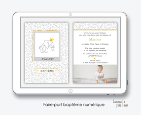 faire part bapteme garçon numérique-faire part bapteme garçon digital-électronique-fichier Pdf-elephant couronne -à imprimer soi même