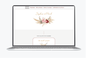Site internet de mariage-Site pour mariés-Site de mariage - wedding website-assorti au faire-part-couleur terracotta-champêtre-pampa-pivoines-eucalyptus-pictogrammes