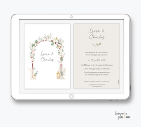 faire-part mariage numérique-faire part mariage digital-faire-part mariage-faire-part à envoyer par mms-par mail-réseaux sociaux-whatsapp-facebook-messenger-Arche-fleurs-bohème-champêtre-lanterne-voile-mariage laïque-arche en bois-pampa
