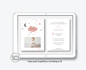 faire part bapteme fille numérique-Faire-part baptême digital-électronique-fichier Pdf-nuage lune etoile