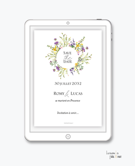 Save the date mariage numérique-Save the date mariage digital-Save the date numérique-Save the date mariage electronique -Save the date à envoyer par mms-par mail-réseaux sociaux-whatsapp-facebook-messenger-bouquet de fleurs-champêtre-sauvage-violet-jaune
