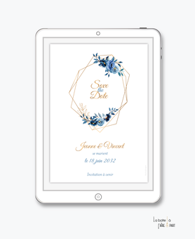 Save the date mariage numérique-Save the date mariage digital-Save the date numérique-Save the date electronique -Save the date à envoyer par mms-par mail-réseaux sociaux-whatsapp-facebook-messenger-fleurs bleu roi-champêtre-bouquet de fleur-losange doré