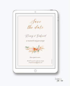 Save the date mariage numérique-Save the date mariage digital-Save the date numérique-Save the date mariage electronique -Save the date à envoyer par mms-par mail-réseaux sociaux-whatsapp-facebook-messenger-pivoine-champêtre-pampa-terracotta-couleur peche