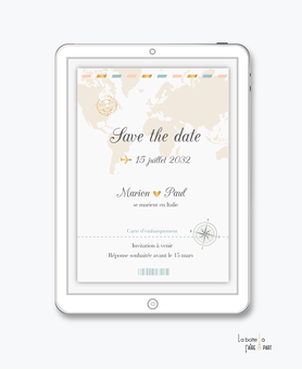 Save the date mariage numérique-Save the date mariage digital-Save the date numérique-pdf-Save the date mariage electronique -Save the date à envoyer par mail-réseaux sociaux-whatsapp-facebook-mappemonde-billet d'avion-boussole-doré-rose et vert