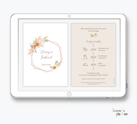 faire-part mariage numérique-faire part mariage digital--faire-part mariage-faire-part à envoyer par mms-par mail-réseaux sociaux-whatsapp-facebook-messenger-couleur terracotta-peche-champêtre-pampa-pivoines-eucalyptus-pictogrammes-rose-timeline