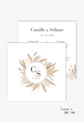 Faire-part mariage-champêtre-bohème-pampas-farandole-monogramme- format carré-recto/verso ou plié en 2