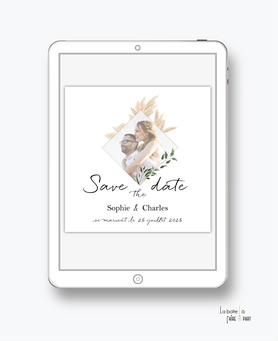 faire-part mariage numérique-faire part mariage digital-faire part numérique-pdf numérique-faire part mariage electronique -faire-part à envoyer par mms-par mail-réseaux sociaux-whatsapp-facebook-messenger-pampa-feuillage-losange-végétal-bohème- champêtre