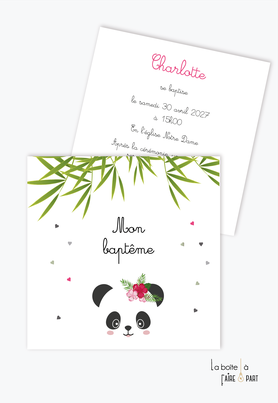 faire part baptême fille-panda fille-bambou-fleurs-hibiscus-coeur-animaux