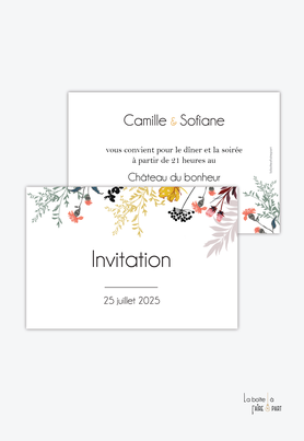 Carton invitation mariage-Invitation mariage champêtre-bohème-fleurs-pivoines-fougère-recto/verso