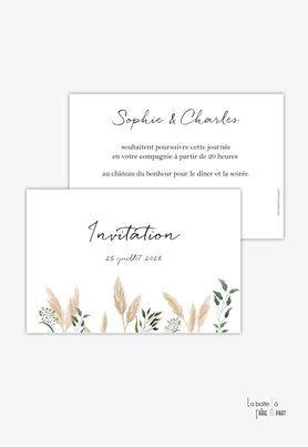 Carton invitation mariage-Invitation mariage champêtre-bohème-pampas-vegetal-fougère-recto/verso