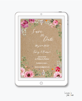 Save the date mariage numérique-Save the date mariage digital-Save the date numérique-Save the date mariage electronique -Save the date à envoyer par mms-par mail-réseaux sociaux-whatsapp-facebook-messenger-fleurs-bouquet-pivoines-eucalyptus-kraft-floral