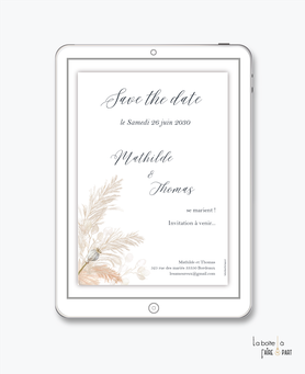 Save the date mariage numérique-Save the date mariage digital-Save the date numérique-Save the date mariage electronique -Save the date à envoyer par mms-par mail-réseaux sociaux-whatsapp-facebook-messenger-pictogrammes-Boho-boheme-champetre-pampa-feuile 