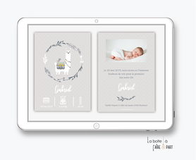faire part naissance garçon numérique-faire part garçon digital-fichier Pdf-lama couronne-pictogramme-envoyer par mail -envoyer par sms ou mms-réseaux sociaux-pictogramme-via smartphone-messenger