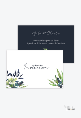 Carton invitation mariage-Invitation mariage champêtre-bohème-eucalyptus-végétal-blanc et bleur -recto/verso