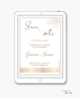 Save the date mariage numérique-Save the date mariage digital-Save the date numérique-pdf numérique-Save the date mariage electronique -Save the date à envoyer par mms-par mail-réseaux sociaux-whatsapp-facebook-messenger-pivoines-dorure-doré-chic-dentelle