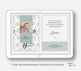  carte de remerciements naissance garçon numérique-feuilles et étoiles-automne-carte de remerciement digital-pdf imprimable-pdf numérique-faire part connecté-    -à imprimer-A envoyer via les réseaux sociaux whatsapp-messenger-facebook-mms et mail