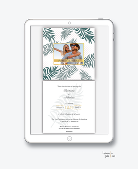 faire-part-mariage-numérique-faire-part mariage-mariage-digital-numérique-pdf-numérique-faire-part-mariage-electronique-faire-part-à-envoyer-par-mms-par-mail-réseaux-sociaux-whatsapp-facebook-messenger-feuille-de-palmier-tropical-palme-doré-photo