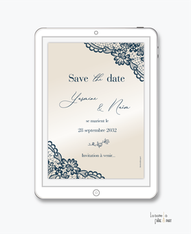 Save the date mariage numérique-Save the date mariage digital-Save the date numérique-pdf-Save the date mariage electronique -Save the date à envoyer par mail-réseaux sociaux-whatsapp-facebook-dentelle-bleue-tige champêtre-nacré-chic-elegant-raffiné