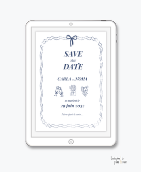Save the date mariage numérique-Save the date mariage digital-Save the date mariage electronique -Save the date à envoyer par mms-par mail-réseaux sociaux-whatsapp-facebook-messenger-pictogrammes-vase-flute-bouteille-coeur-bleu et  blanc