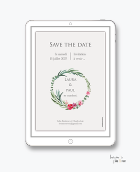 Save the date mariage numérique-Save the date mariage digital-Save the date numérique-pdf numérique-Save the date mariage electronique -Save the date à envoyer par mms-par mail-réseaux sociaux-whatsapp-facebook-messenger-Bouquet champêtre-fleurs-fougère