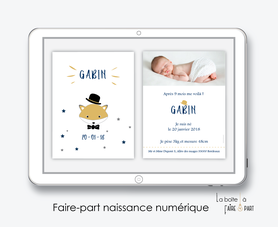 faire part naissance garçon numérique-faire part garçon digital-fichier Pdf-renard chapeau-origami-noeud papillon-envoyer par mail -envoyer par sms ou mms-réseaux sociaux-whatsapp-messenger-via smartphone