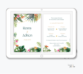 faire-part mariage numérique-faire part mariage digital-faire part numérique-faire-part mariage-faire-part à envoyer par mms-par mail-réseaux sociaux-whatsapp-facebook-messenger-tropical-exotique-palmier-oiseau paradis-guirlande-ibiscus