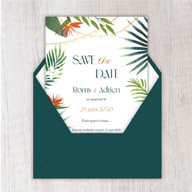 Save the date mariage gif animé-Save the date mariage virtuel-Save the date mariage digital-Save the date mariage numérique animé-à envoyer via les réseaux sociaux-whatsapp-facebook-messenger-video-pivoine-tropical-exotique-palmier-oiseau paradis-hibiscus