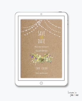 Save the date mariage numérique-Save the date mariage digital-Save the date numérique-pdf-Save the date mariage electronique -Save the date à envoyer par mail-réseaux sociaux-whatsapp-facebook-guirlande-bouquet champêtre-guinguette-bohème-