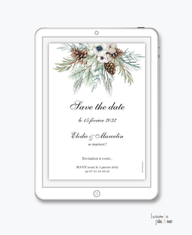 Save the date mariage numérique-Save the date mariage digital-Save the date numérique-Save the date mariage electronique -Save the date à envoyer par mms-par mail-réseaux sociaux-whatsapp-facebook-messenger-pigne de pin-branche pin-noël-pomme de pin-hiver