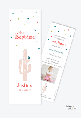 Faire part bapteme fille cactus rose avec un format marque page