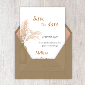 Save the date mariage gif animé- Save the date mariage virtuel-Save the date mariage digital-Save the date mariage numérique animé-électronique-à envoyer via les réseaux sociaux-whatsapp-facebook-messenger-mms-video-bohème-pampas-feuille palmier