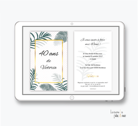 Invitation anniversaire femme numérique-Invitation électronique-Invitation numérique-imprimable-pdf numérique-Invitation connecté-Invitation anniversaire à envoyer par mms-par mail-réseaux sociaux-whatsapp-facebook-jungle-tropical-exotique-palmier-doré