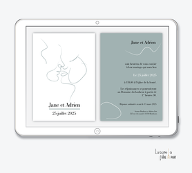 faire-part mariage numérique-faire part mariage digital-faire-part mariage-faire-part à envoyer par mms-par mail-réseaux sociaux-whatsapp-facebook-messenger-visage au trait-amoureux-s'embrasse-ligne fine-esquisse-homme et femme-amoureux