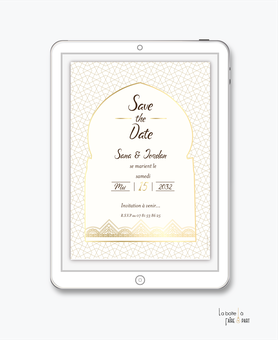 Save the date mariage numérique-Save the date mariage digital-Save the date numérique-Save the date mariage electronique -Save the date à envoyer par mms-par mail-réseaux sociaux-whatsapp-facebook-messenger- doré-oriental-chic-or-dentelle-porte mariocaine