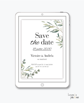 Save the date mariage numérique, branche d'olivier, champêtre, olivier