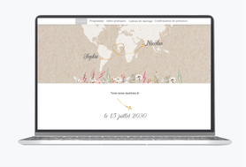 Site internet de mariage-Site pour mariés-Site de mariage-wedding site-assorti au faire-part-fleur sauvage-kraft-mappemonde-champêtre-pictogramme-guirelande