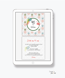 invitation anniversaire femme numérique-électronique-pas cher- à envoyer par mail et reseaux sociaux-whatsapp-facebook-mms-20ans-30ans-40ans-50ans-60ans-à imprimer soi-même-ananas et flamant rose-tropical-jungle-