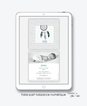 faire part naissance garçon numérique-faire part garçon digital-fichier Pdf-Attrape rêves à pois-plumes-à imprimer-envoyer par mail -envoyer par mms-réseaux sociaux-via smartphone