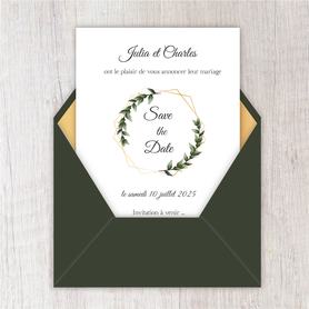 Save the date mariage gif animé- Save the date mariage virtuel-Save the date mariage digital-Save the date mariage numérique animé-électronique-à envoyer via les réseaux sociaux-whatsapp-facebook-messenger-mms-Couronne de laurier-hexagone doré