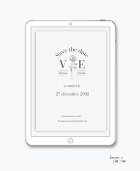 Save the date mariage numérique-Save the date mariage digital-Save the date numérique-pdf-Save the date mariage electronique -Save the date à envoyer par mail-réseaux sociaux-whatsapp-facebook-elegant-raffiné-monogramme - fleurs- pictogrammes