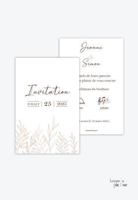 Carton invitation mariage-Invitation mariage-simple-chic-elegant-feuillage-pictogramme-rose doré