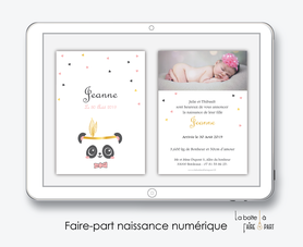 faire-part naissance fille numérique-faire-part naissance fille digital-fichier pdf -panda plume dorée-noeud papillon-à imprimer-à envoyer par mail -à envoyer par mms-sms-réseaux sociaux-whatsapp-messenger-via smartphone