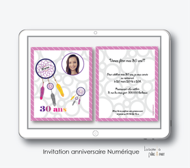 invitation anniversaire femme numérique-électronique- 20ans-30ans-40ans-50ans-60ans-à imprimer soi-même--faire-part à envoyer par sms-mms-par mail-réseaux sociaux-whatsapp-facebook-attrape reves coloré avec photo