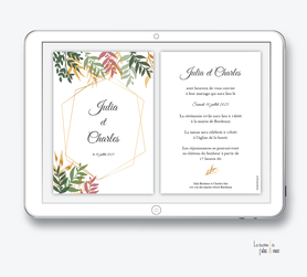faire-part mariage numérique-faire part mariage digital-faire part numérique-pdf numérique-faire part mariage-faire-part à envoyer par mms-par mail-réseaux sociaux-whatsapp-facebook-messenger-jungle végétale- feuille-automne-doré