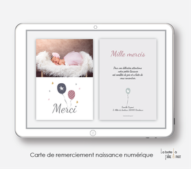 carte de remerciements naissance fille numérique-carte de remerciement électronique -pdf imprimable-pdf numérique-faire part connecté- ballons volants-à imprimer soi-même-carte de remerciement digital à envoyer par mail, mms et réseau sociaux